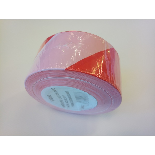 Sperrebånd 70 mm x 0,03 mm, rød/hvit, rull 500 m