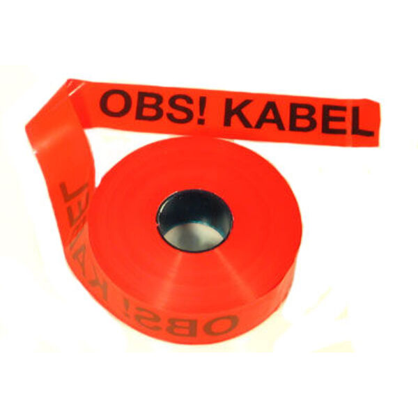 50 mm varselbånd PE, rød, 250 meter rull, OBS kabel