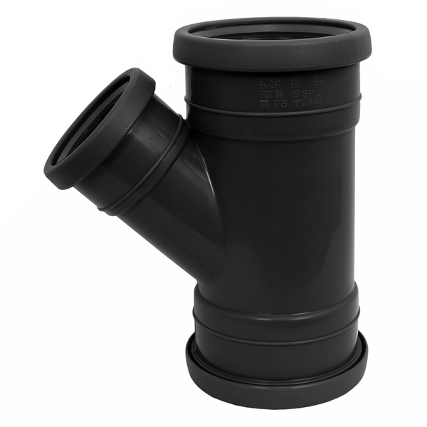 110 mm x 50 mm PP grenrør 45° med 3 muffer, sort
