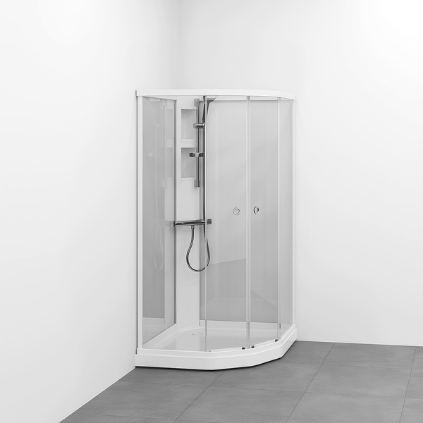 Flow semi frontpak 810x810, lav modell, hvit profil/klart glass